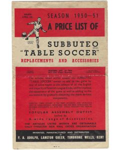 1950-51 ORIGINAL SUBBUTEO CATALOGUE INCLUDES THE ORDER FORM & INSERT. ISSUED APRIL 1951.