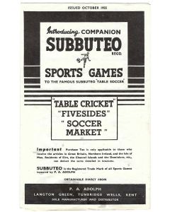 1955 SUBBUTEO COMPANION. Fivesides, Rugby, Speedway, Soccer Market & Table Cricket. OCTOBER 1955 ISSUE.