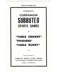 1966 SUBBUTEO SPORTS GAMES COMPANION. December 1966.