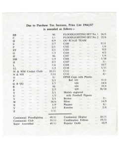 1966-67 SUBBUTEO ADDITIONAL PRICE LIST. Mid Season Flier Confirming New Price Increases For Accessories & Sets.