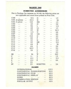 1968 SUBBUTEO ADDITIONAL PRICE LIST. Mid Season Flier Confirming New Price Increases For Accessories & Sets.