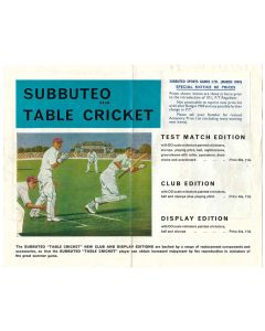 1969 SUBBUTEO CRICKET PRICE LIST. With March 1969 Price Increase Sticker.