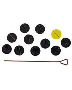 SET E. 11 ORIGINAL 1950's/60's SUBBUTEO BASES FOR CARD/CELLULOID TEAMS IN BLACK WITH YELLOW KEEPER BASE.