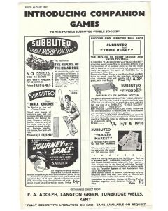 1957 SUBBUTEO GAMES FLIER. Motor Racing, Journey Into Space, Cricket, Rugby, Fivesides & Soccer Market. AUGUST 1957 ISSUE.